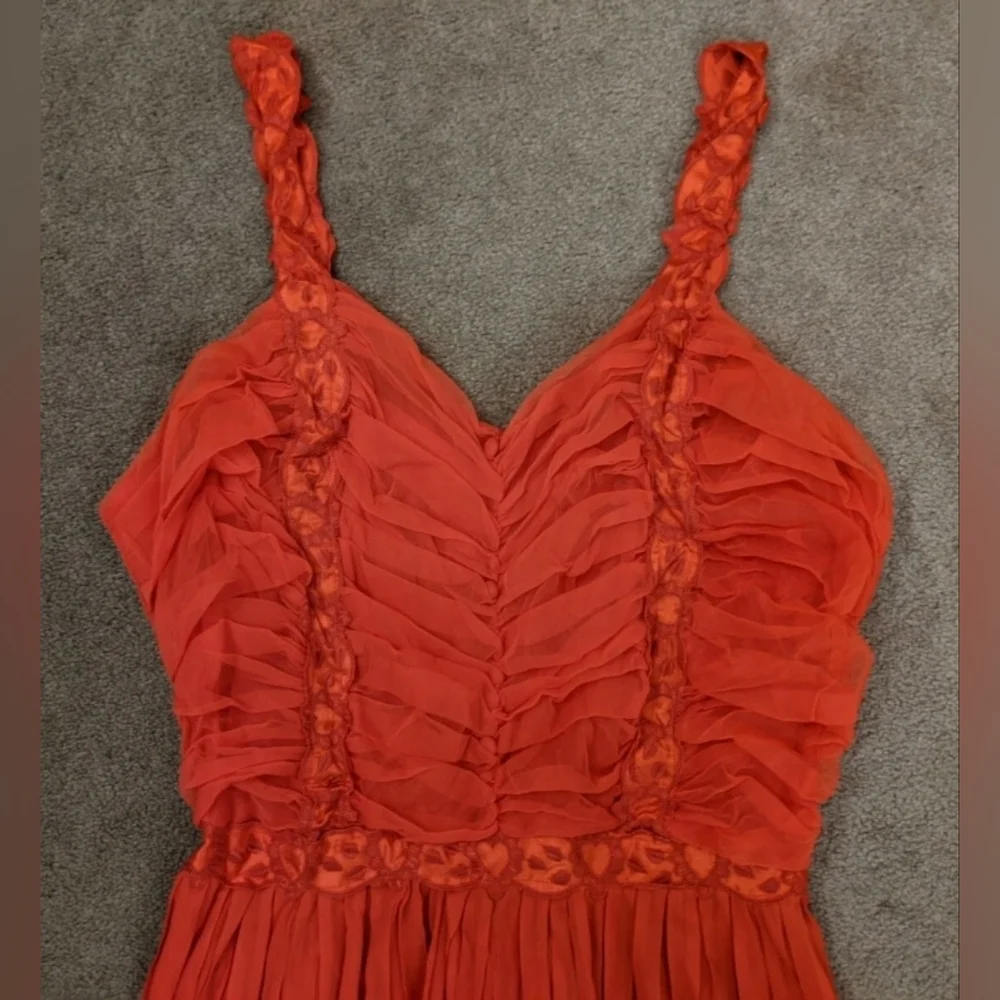 Vtg 40s Nightgown sz 38 nylon sheer peignoir lace embroidered red lace ruche - Picture 3 of 7